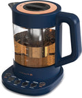 Viante Alba Electric Tea Kettle, Infuser, No Plastic, 1.5L, Midnight Blue | Borosilicate glass & 304 stainless steel construction. 4 temp presets, keep-warm, cordless, auto shut-off
