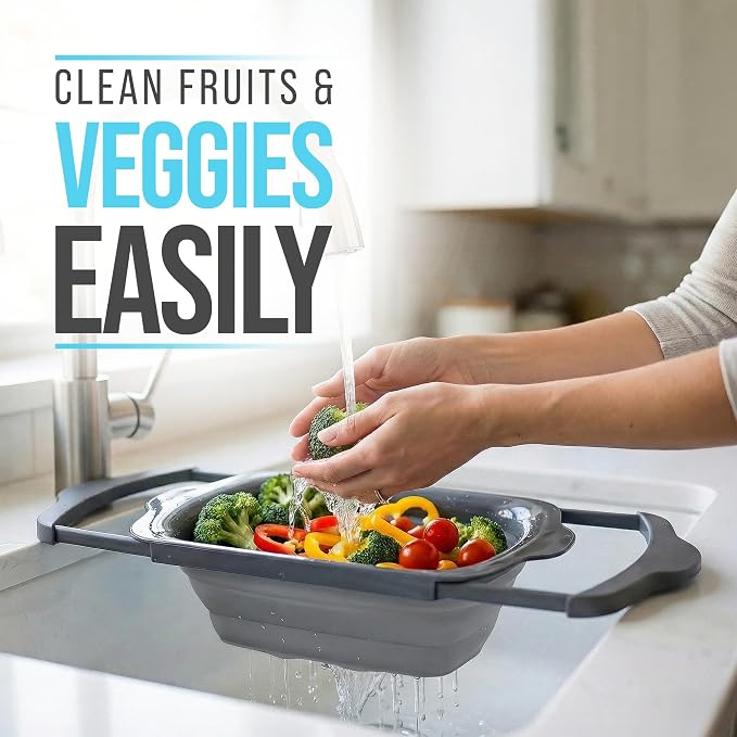 Comfify Gray Collapsible Silicone Over-Sink Colander – 6 Qt – Extendable | Gray; silicone; 17.1"L x 10.1"W; collapses to 1.4"H; 6 Qt; handles extend 25" to span sink; heat resistant 176F