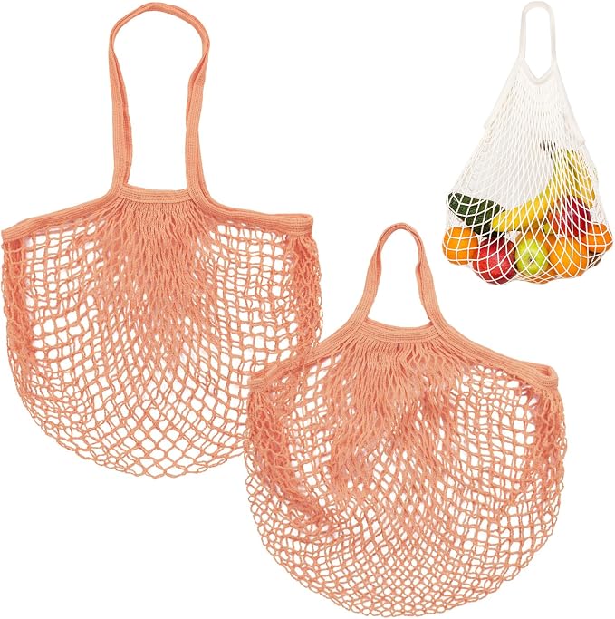 M METERXITY 2-Pack Cotton Mesh Bag, Reusable Washable Mesh Net String Grocery Bags, Reusable Produce Bags with Handle, Net Tote Bag for Fruits Shopping [Pink Brown, Long&Short Handle]