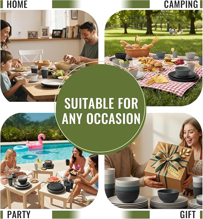 Wheat Straw Dinnerware Sets 40 PCS - Unbreakable Plates and Bowls Sets for 8,Party Kitchen Camping RV Dishwasher & Microwave Safe Modern Lightweight Dishware Sets - Black Grey