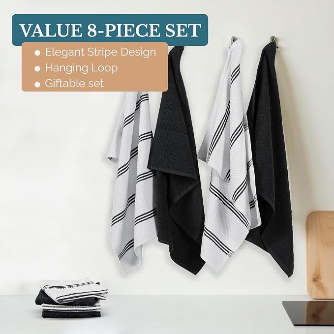Casa Platino Kitchen Towel Set 8 Pc - 4 Dish Towels for Kitchen (16"x26") & 4 Dish Cloths (13"x13") - Absorbent, Quick Dry, Durable Cleaning Cloth & Hand Towels With Hanging Loop for Cleaning - Black.