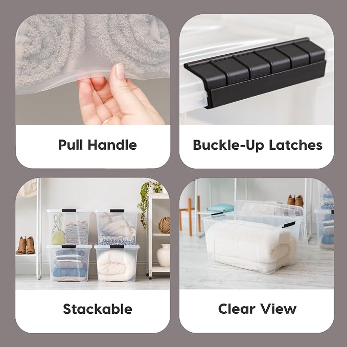 IRIS USA 4-Pack 72 Quart Storage Bins with Lids, Clear | Transparent design makes contents easy to find. Perfect for moving, blankets, clothing, and garage storage. Nestable design