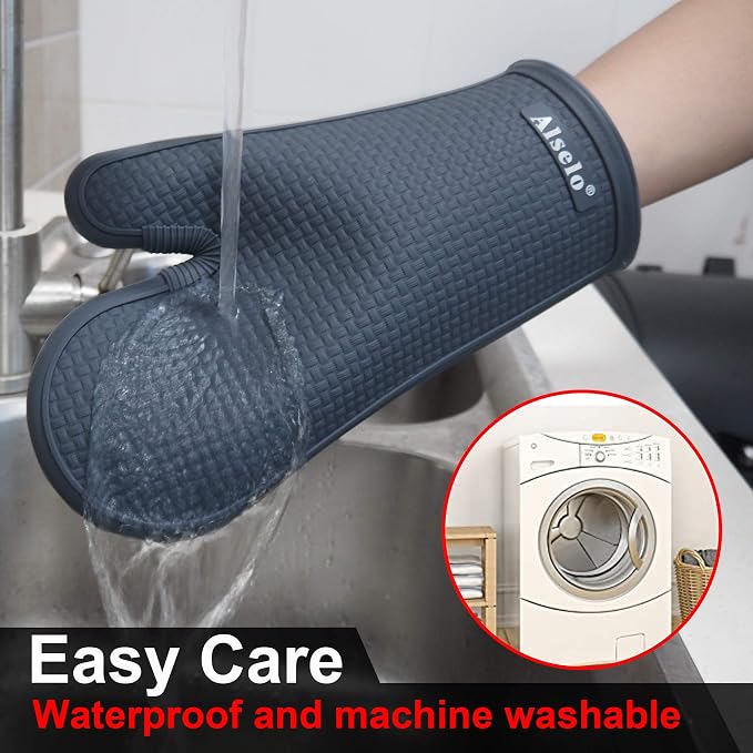 Alselo Silicone Oven Mitts Set, Heat Resistant 550 Degree,7.5"x12" | Kitchen Mittens,Waterproof & Non-Silp Oven gloves for Baking Cooking Barbecue Microwave & Machine Washable(Grey, 2)