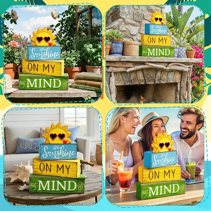 Lineshading 4 Pcs Summer Wooden Block Signs Table Decor Sunshine | Rustic Farmhouse Decorations for Tiered Tray, Shelf Displays, Seasonal Home Accents with Sun Topper, Stackable Design