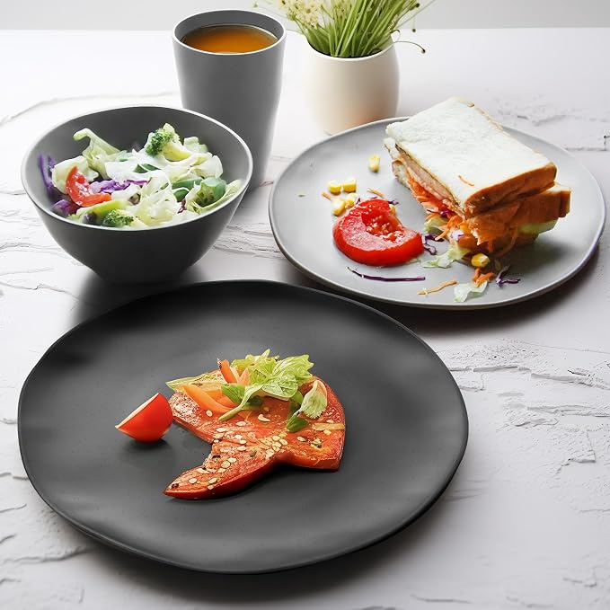Teivio 32-Piece Plates and Bowls Sets for 8, Irregular Dinnerware Sets | Kitchen Plastic Wheat Straw Dinner Plate set, Cups, Unbreakable Dishwasher, Outdoor Camping RV Dish set, Gray Ombre ﻿ ﻿