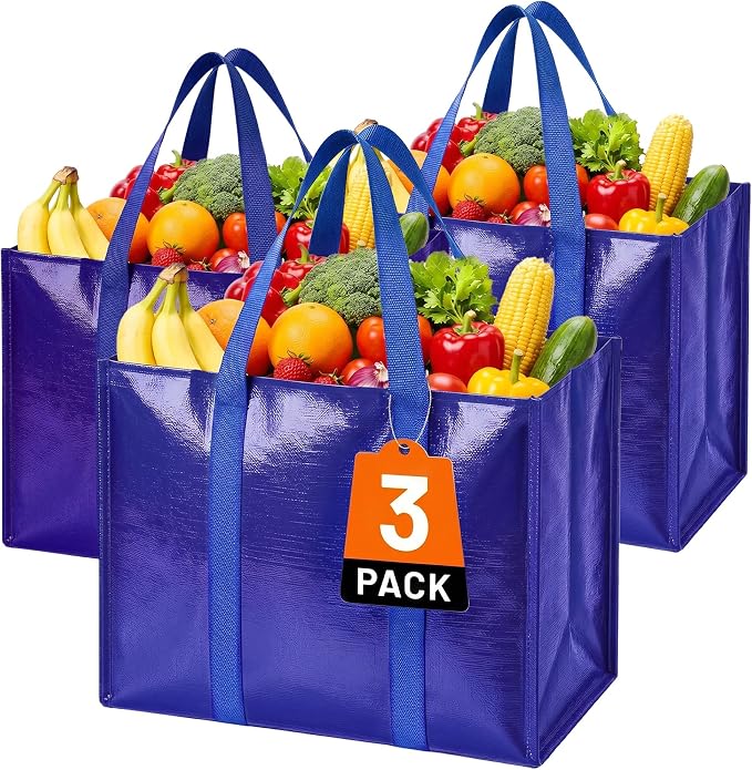 Reusable Grocery Bags, Waterproof & Foldable Shopping Bags Stand Upright | Heavy Duty Shopping Tote Bags, Waterproof & Foldable with Long Handles for Bulk Shopping, Versatile Storage 3 Pack-42L