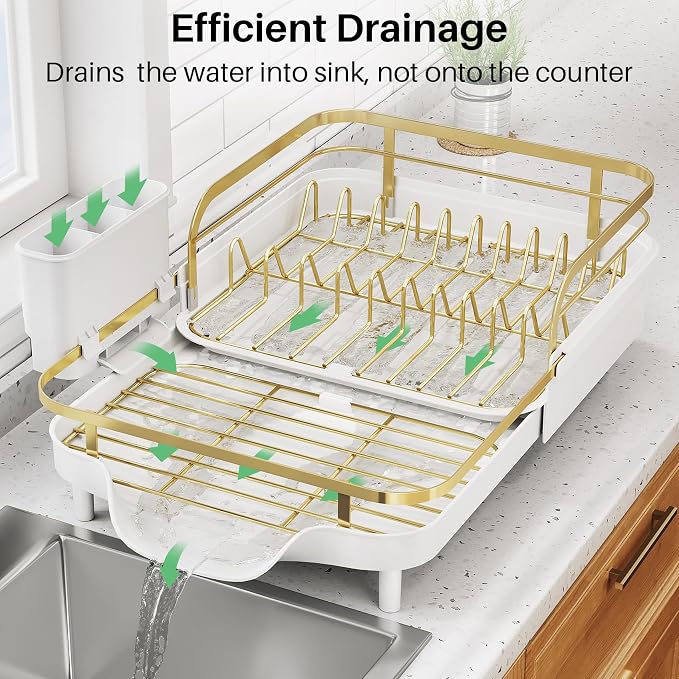 SNTD Expandable Dish Drying Rack for Kitchen Counter, 15.2-22.1 in, Gold | Rust-Resistant Stainless Steel, Protective Side Rails, Self-Draining Drainboard, Removable Utensil Holder