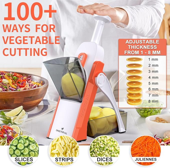 ONCE FOR ALL Mandoline Slicer for Kitchen, All in 1 Veggie Slicer, Orange | Adjustable Thickness, Potato Slicer Veggie Chopper, Strips Julienne Dicer, French Fry Cutter, Dishwasher Safe, Kitchen Gift