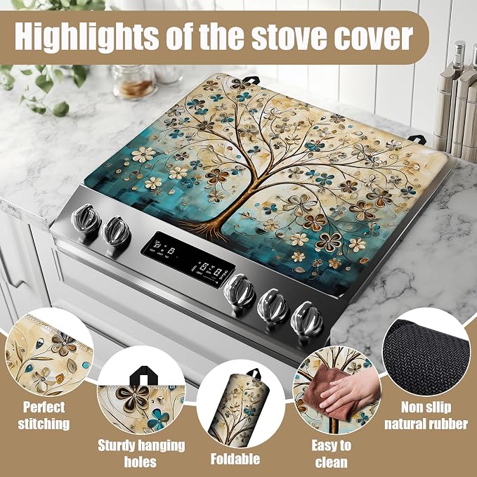 Vintage Tree of Life Stove Top Covers for Electric Stove, Electric Gas Stove Pad Heat Resistant Range Cooktop Protector for Home Decor Kitchen 28"x20"
