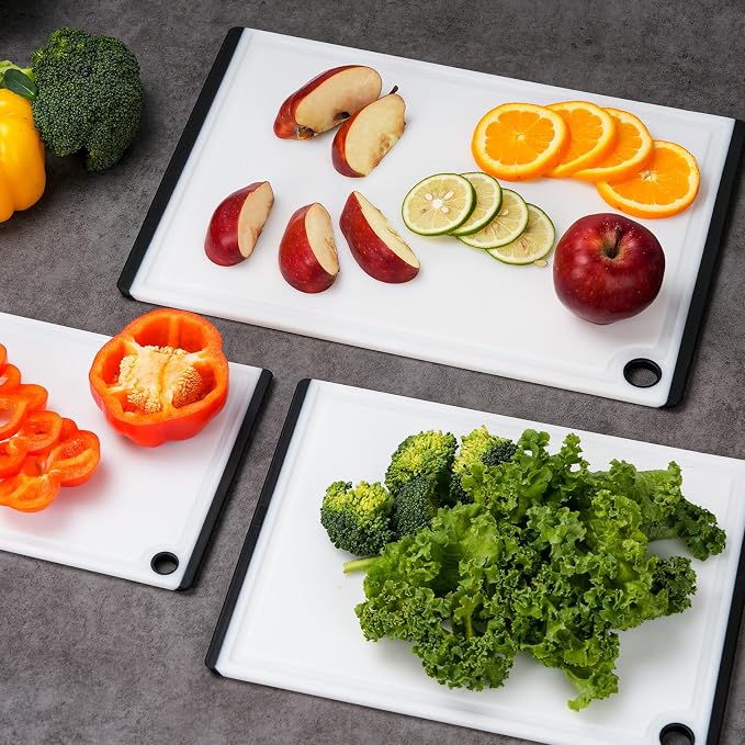Kikcoin Plastic Cutting Boards for Kitchen, 3-Piece Large Cutting Board Set Dishwasher Safe Chopping Boards with Non-slip Feet and Juice Grooves, White