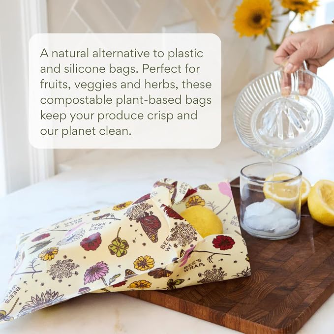 Bee's Wrap Beeswax Produce Bags, 2 Pack - Meadow Magic | Organic Beeswax Wraps - Plastic Free - Reusable Produce Storage - Fruits, Vegetables & Farmers Market - Made in USA