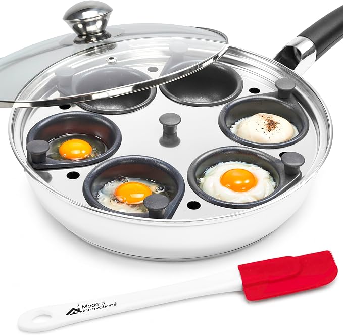 Modern Innovations Egg Poacher Pan - Nonstick Stainless Steel Maker With Handle, 6 Cups, and Silicone Spatula