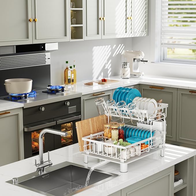 Large 2 Tier Detachable Dish Drying Rack for Kitchen Counter,White | Compact Dish Drainer, Rust-Resistant Dish Rack with Drainboard, Utensil Holder, Cup Holder for Small Space,Kitchen Organizer