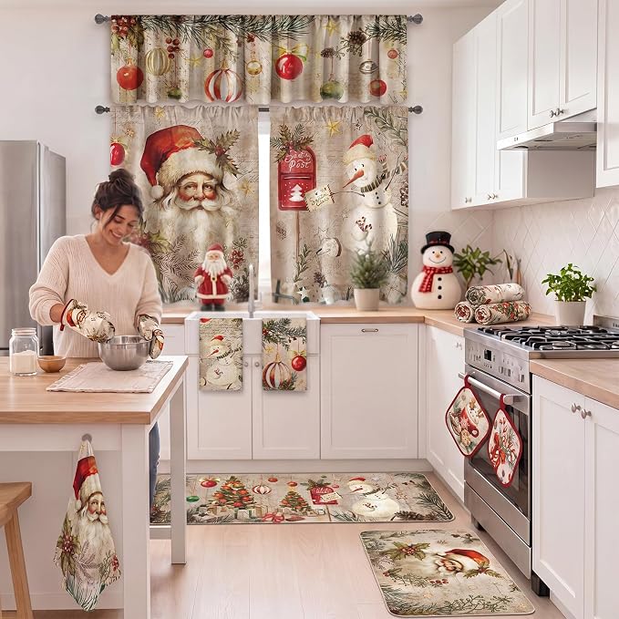 13 Pcs Christmas Kitchen Sets with Santa Snowman Kitchen Towels Christmas Tree Nonslip Mats Curtains Valance Pot Holders Oven Mitts for Xmas Home Decoration Cooking Baking Gift