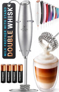 Zulay Kitchen Powerful Milk Frother Wand With Duracell Batteries - Ultra Fast Handheld Drink Mixer - Electric Whisk Foam Maker for Coffee, Lattes, Cappuccino & Matcha - Double Whisk - Silver