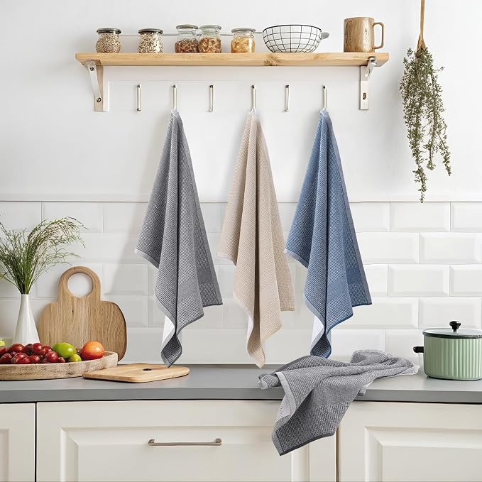 Mordimy Premium Large Cotton Kitchen Towels (18"x 28", 6 Pack), Multicolor | 100% Ring Spun Cotton, Super Absorbent, 380 GSM, Flat & Terry, Soft, Hanging Loop Dish Towels