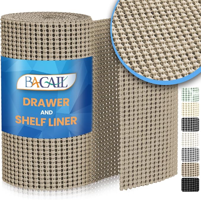 BAGAIL Non-Adhesive Shelf Liner, Thick Strong Grip Drawer Liners for Kitchen Cabinets, Heavy-Duty Easy Cut Cabinet Liners for Shelves, Pantry, Bathroom Cupboards - 12" x 20FT, Beige
