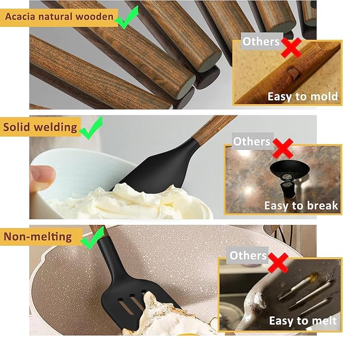 Silicone Cooking Utensil Set, Umite Chef 8-Piece Kitchen Utensils Set with Natural Acacia Wooden Handles,Food-Grade-Silicone Kitchen Gadgets Spatulas Set for Nonstick Cookware- Black