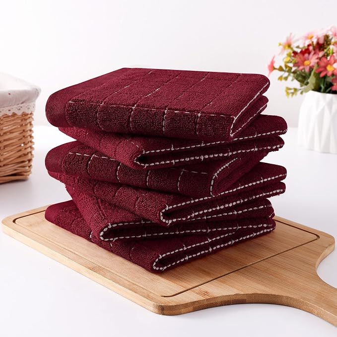 Homaxy 100% Cotton Terry Kitchen Dish Cloths, 12 Pack, Burgundy | Ultra Soft and Absorbent, Suitable for Drying and Washing Dishes