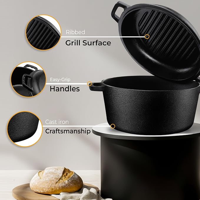 KICHLY Cast Iron Dutch Oven 5 QT with Skillet Lid Pre-Seasoned PFAS-Free | Dual Purpose Skillet Lid, Griddle Pan Included, Bread Baking, Roasting, Grilling, Camping Use, Heavy Duty