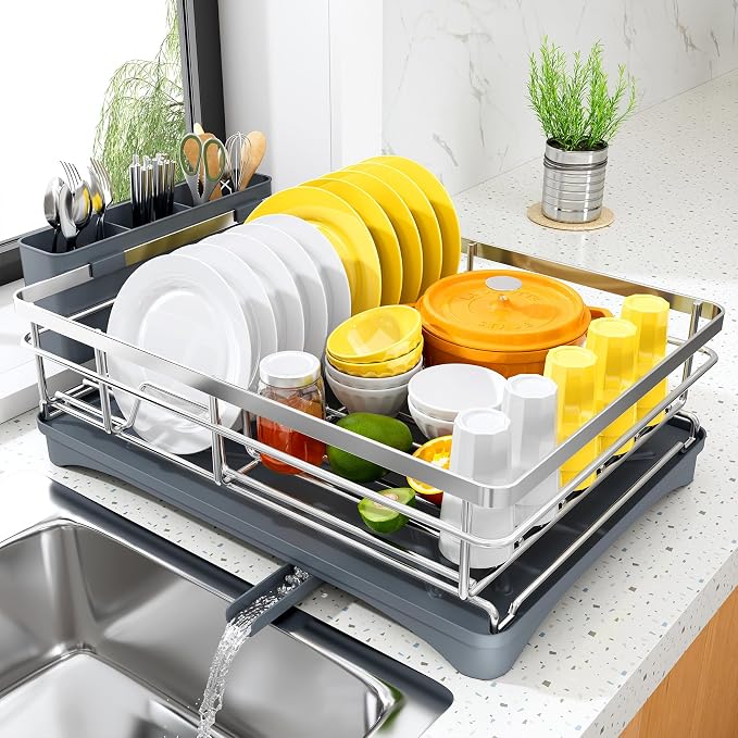 SNTD Dish Drying Rack for Kitchen Counter, 11.8" W x 16.7" L, Silver | Rustproof Stainless Steel, Large Capacity, Self-Draining Drainboard, Rotating Spout, Removable Utensil Holder