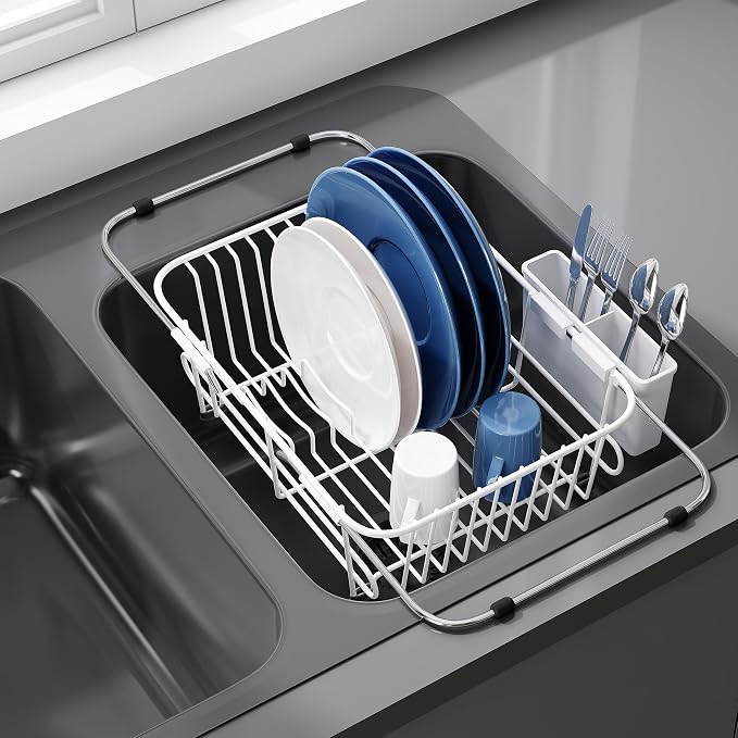 JASIWAY White Dish Drying Rack in Sink with Utensil Holder, RV, Apartment | Over Sink Expandable Stainless Steel Dish Drainers for Compact Kitchen, Space Saving, Fast Drain, Rustproof, For 1-2 people