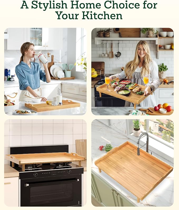 Bamboo Stove Top Cover for Electric Stove & Gas Burners - 29" x 22" Extra Large Noodle Board Stove Cover with Adjustable Legs & Handles - Multi-Use Stove Cover Cutting Board, Sink Cover, RV Accessory