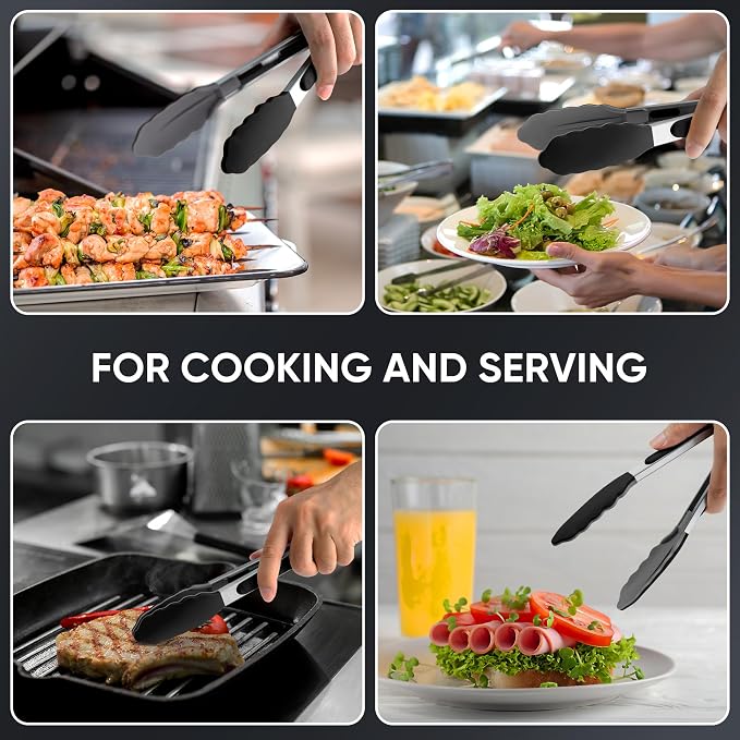 9 Inch Kitchen Tongs, Stainless Steel Cooking Tongs with Silicone Tips | For Cooking/Serving/Grilling | Heat-Resistant | Food-Grade Material | Dishwasher Safe | Black