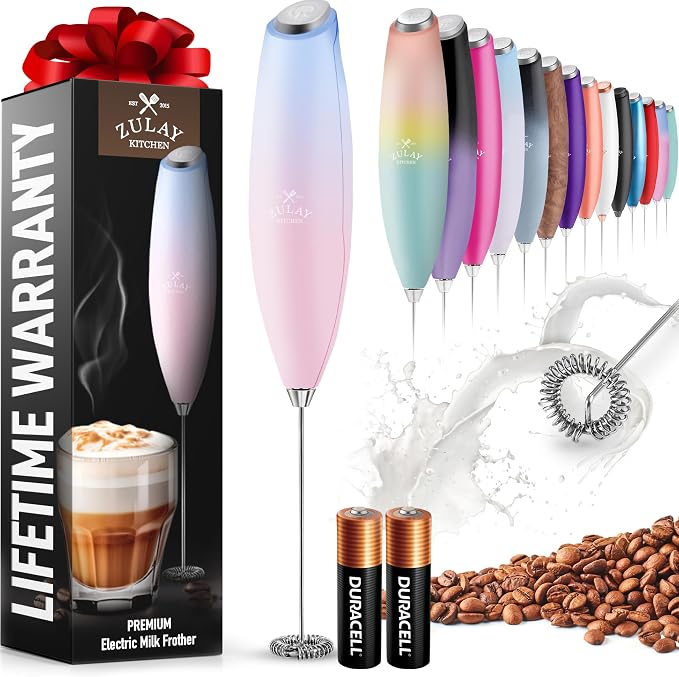 Zulay Powerful Milk Frother for Coffee with Upgraded Titanium Motor - Handheld Electric Whisk, Milk Foamer, Mini Mixer & Coffee Blender for Frappe, Latte, Matcha, No Stand - Pure Sun