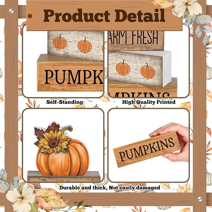 Lineshading 4 Pcs Fall Tiered Tray Decor, Pumpkin Sunflower Wood Sign | Rustic Farmhouse Wooden Block Signs, Farm Fresh Pumpkins Text, For Fall Home Shelves, Mantel, Table, School Events
