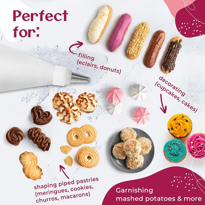 Cake Decorating Kit – Reusable 16" & 14" Cotton Piping Bags with 10 Large Stainless Steel Icing Tips – Durable, Food-Grade & Dishwasher Safe