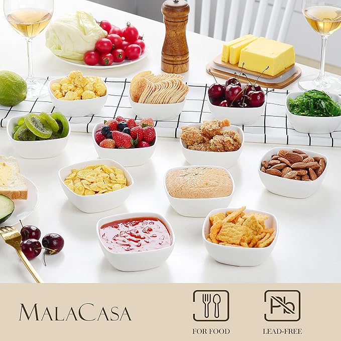 MALACASA 5 oz Porcelain Dip Bowls Set, 12 Pack Small Ramekins Stackable | Stackable Porcelain Dipping Sauce Dishes for Dessert, Snack, Brulee and Charcuterie