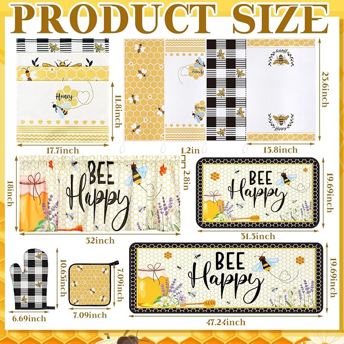 16 Pcs Honey Bee Kitchen Decor and Accessories Set 4 Yellow Kitchen Towel 4 Bee Placemat 2 Non Slip Rug and Mat Set for Floor 2 Oven Mitt Glove 2 Pot Holder 2 Curtain for Home Decor Mom Cooking Gift