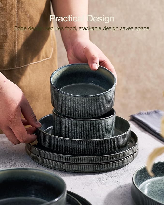 Famiware Star Stoneware Dinnerware Set, Reactive Glaze Plates & Bowls for 4 | 12-Piece Handmade Ribbed Dishes, Chip & Scratch Resistant Ceramic. Microwave & Dishwasher Safe, Rustic Modern, Deep Forest