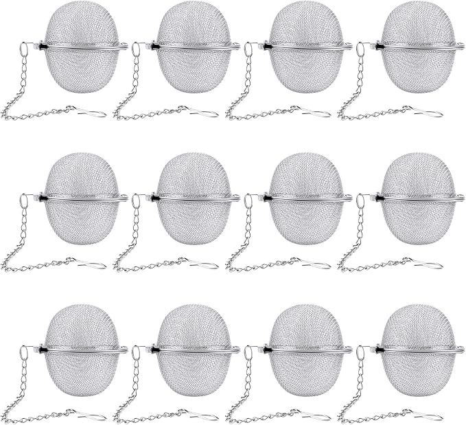 12 Pack Stainless Steel Tea Balls for Loose Tea, Mesh Ball Infuser | Extended Chain Hooks for Easy Removal, 304 stainless, Fine Mesh Filters for Spices and Seasonings