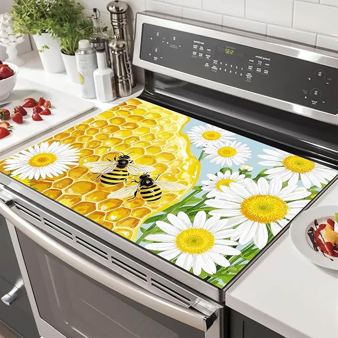 HOMETITUTE Honey Bee Stove Top Cover 28x20 Daisy Honeycomb Mat