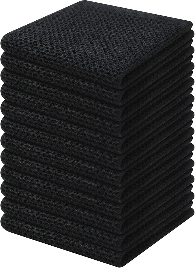 Kitinjoy 100% Cotton Kitchen Dish Cloths, 12 Pack Waffle Weave Ultra Soft Absorbent Dish Towels for Drying Dishes Quick Drying Kitchen Towels Dish Rags, 12 X 12Inch, Black | Ultra Absorbent, Super Soft, lightweight, Quick Drying Dish Rags for Washing D...