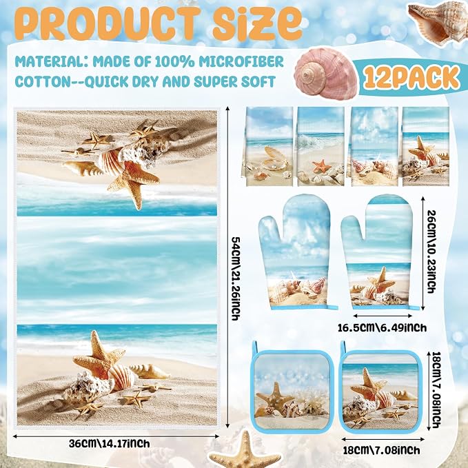 SiliFine 12 Pcs Beach Seashell Kitchen Accessories Set Coastal Starfish Pot Holders Seashell Oven Mitts Ocean Beach Kitchen Towels for Summer Home Decorations, Cooking Baking Housewarming Gifts