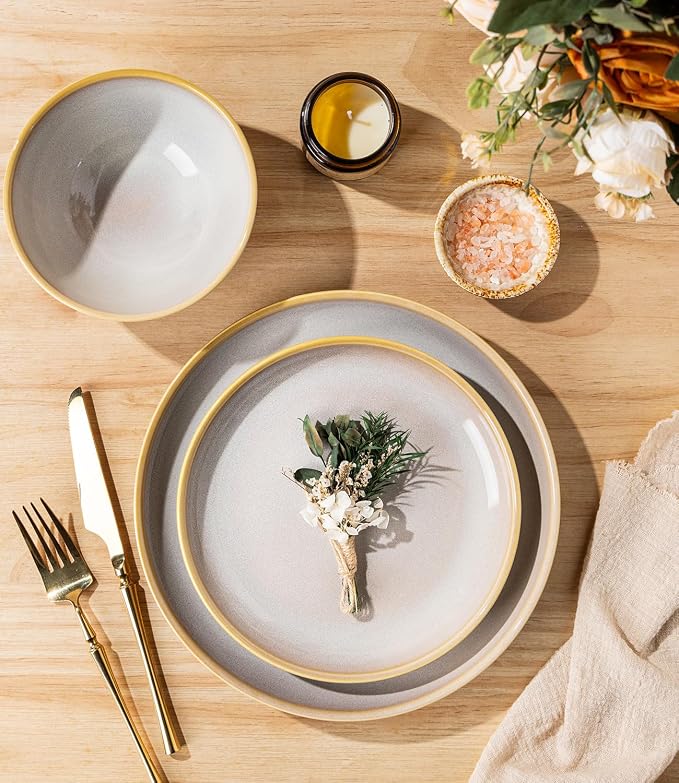 Ceramic Dinnerware Set for 4, 12-Piece Plates and Bowls Set | Lightweight Porcelain Dish Set, Scratch Resistant, Oven & Microwave & Dishwasher Safe, Autumn Mist