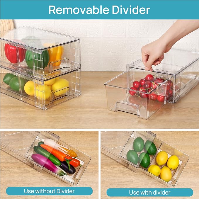 Vtopmart 4 Pack Stackable Storage Drawers,Clear Acrylic Drawer Organizers with Handles, Easily Assemble for Fridge, Bathroom,Kitchen Undersink,Cabinet,Pantry Organization and Storage | Clear Drawer Organizers with Removable Dividers for Flexible storag...