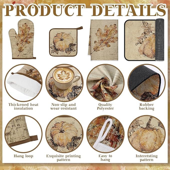 Fanfanwin 10 Pcs Fall Pumpkin Kitchen Decor Set Kitchen Towels Pot Holders Oven Mitts and Rugs Set Thanksgiving Towels for Baking Cooking BBQ Autumn Home(Sepia,Rustic Fall)