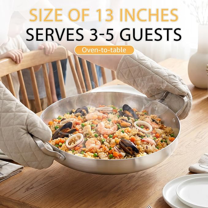 Inqibee 13 Inch Tri-ply Stainless Steel Paella Pan with Lid | Large Frying Pan with Double Riveted Handles, Wide Shallow Paella for Stovetop, Induction Compatible, Oven Safe, 3-5 Servings