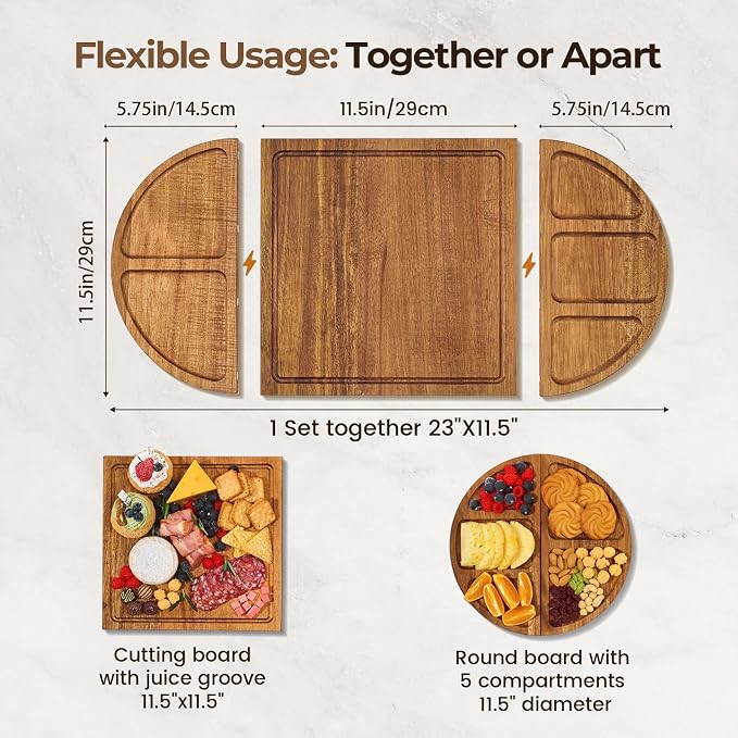Magnetic Acacia Wood Charcuterie Board Set, 23-Inch Snack Tray | 100% Natural Acacia Wood, Magnetic 3-Piece Transformable Layout,Built-in Juice Grooves, Fits Parties and Gatherings