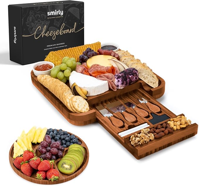 SMIRLY Charcuterie Board Set with Serving Accessories, Bamboo Brown | Housewarming and Wedding Gift for Couples, Designed for Movie Nights, Wine Nights and Serving Snacks at Home Gatherings