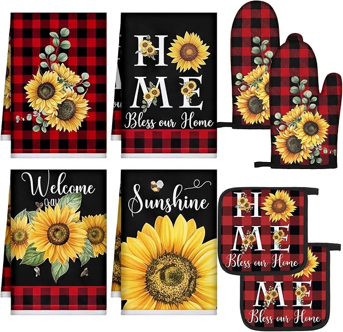Leinuosen 8 Pcs Sunflower Red Black Checkered Kitchen Towels and Dishcloths Sets Pot Holders and Oven Mitts Sets Absorbent Kitchen Gloves Potholders Heat Resistant for Chef Baking Cooking