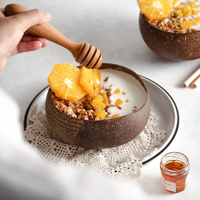 Jungle Culture 1 Coconut Bowl & Spoon with FREE eBook • Wooden Bowls • Salad Serving Bowl • Acai Smoothies Pasta Cereal • Cute Vegan Gift Ideas • Eco Friendly Coconut Shell Bowls