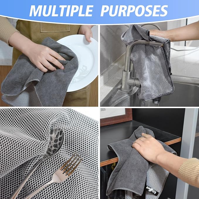 Dish Cloths for Washing Dishes with Scrub Side, Microfiber Dish Rags | Dual-sided microfiber dish cloths with scrubber for stuck-on food, quick dry kitchen washcloths 6 Pack, 15" x 25 Inch Gray