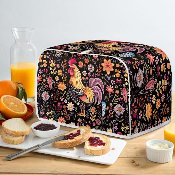 Toaster Cover, Foldable Two Slice Toaster Appliance Dust-proof Covers for Kitchen Small Appliance Dust Cover and Fingerprint Protection Home Decor, Rooster Floral Print