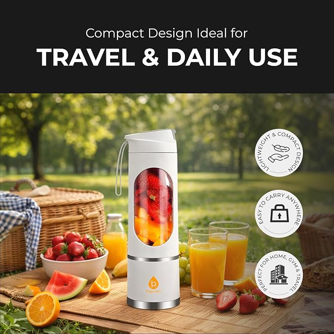 Pursonic Portable Blender Cup with 50W Motor and 12-Blade System, USB-C Rechargeable Personal Juicer for Smoothies Shakes and Baby Food - 3 Speed Settings - 15.2 oz - White