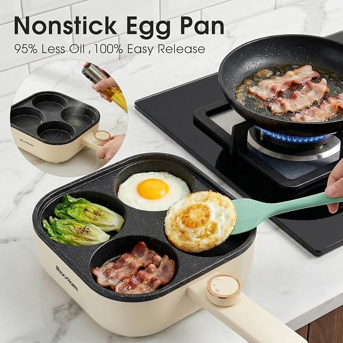 Electric Egg Pan Nonstick: No Stove Needed 900W 4-Cup Omelette Pan | Granite Material, 2 Power Adjustable, Breakfast Non Stick Frying Pans Skillet for Eggs, Pancakes, Crepes, Plett and More